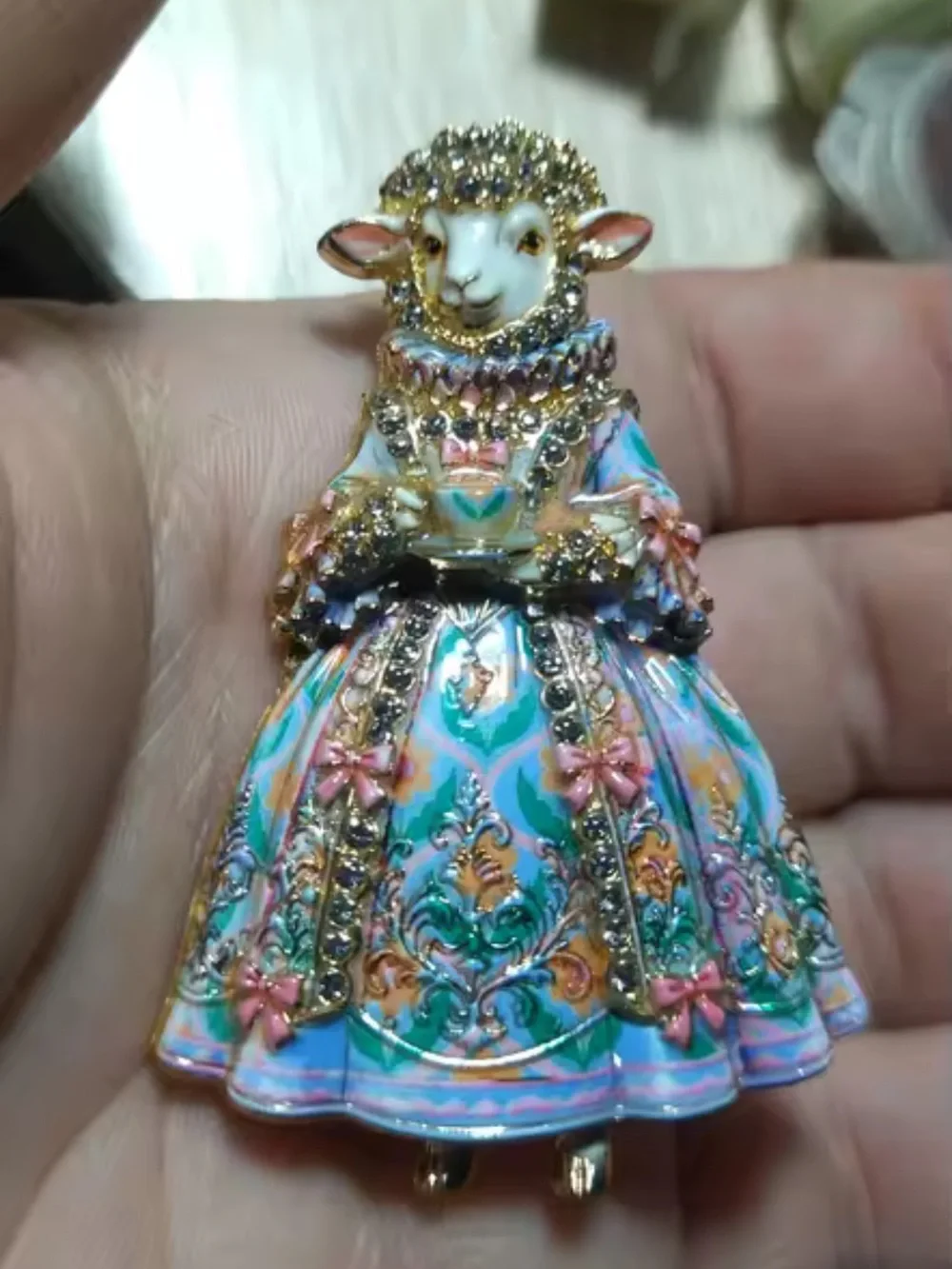 Victorian Sheep Lady Floral TeaLover Brooch